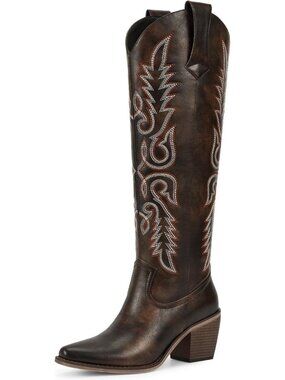 Women's Chocolate Brown Leather Knee High Cowgirl WetKiss Embroidered Tall Heel